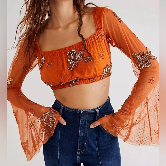 Free People Summer Spice Crop Top Sz L Sequin Floral Bell Sleeves Orange Blouse - Picture 1 of 12